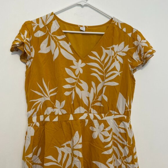 OLD NAVY Waist Defined V-Neck Dress Mustard Yellow White Floral Cap Sleeve Knee - Picture 5 of 14
